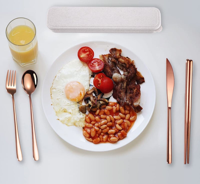 AARAINBOW 6 Pieces 18/8 Stainless Steel Flatware Set Portable Reusable Cutlery Set Travel Utensils Set Including Chopsticks Knife Fork Spoon Straws Cleaning Brush Dishwasher Safe (Rose Gold) - Image 5